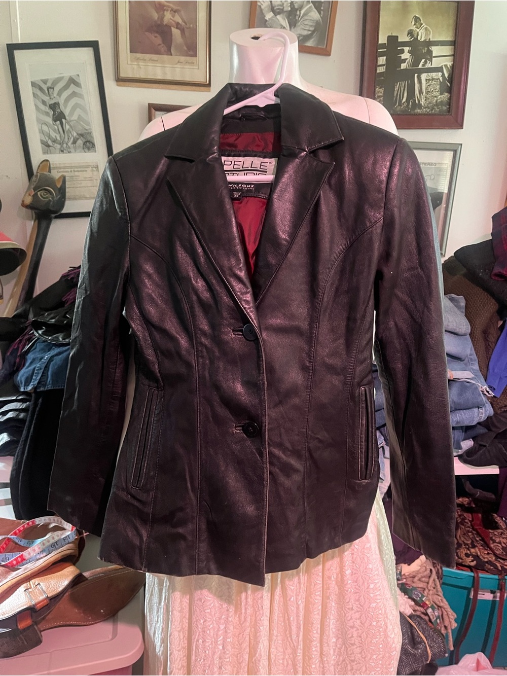 Pelle Studio Black Leather Blazer Jacket with Burgundy Lining